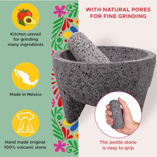YOPIDO Molcajete 7 in Mexican, Handmade with Natural Volcanic Stone, Artisanal Kitchen Utensil for Grinding with Pores for Crushing, Specially Designed for Grinding Spices, Sauces, and Guacamole - Image 3