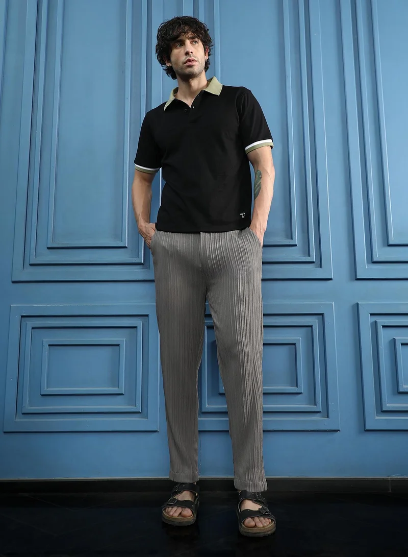 CAHOOT  Men Pin-Tactile Chino Trousers | Mid-Rise, Italian-Fit | Button Closure, Straight Hem | Solid Textured | Woven Fabric For Casual & Daily Wear | Moon Grey for Men | Best Price UAE