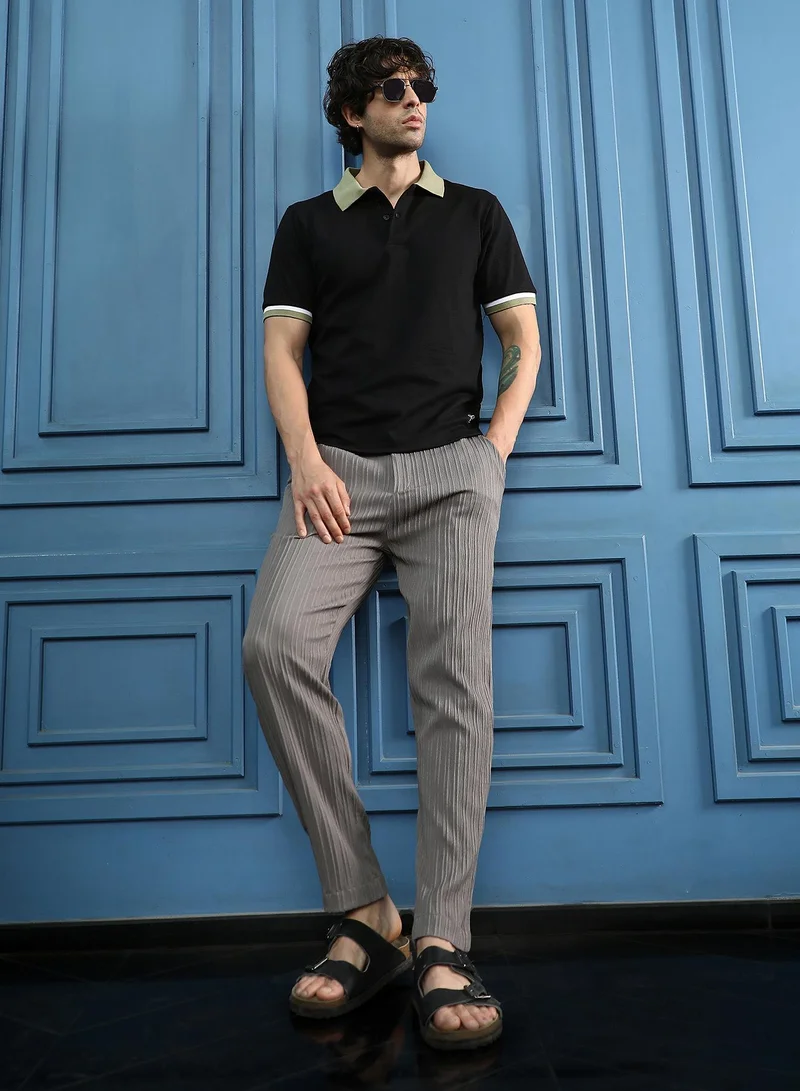 CAHOOT  Men Pin-Tactile Chino Trousers | Mid-Rise, Italian-Fit | Button Closure, Straight Hem | Solid Textured | Woven Fabric For Casual & Daily Wear | Moon Grey for Men | Best Price UAE