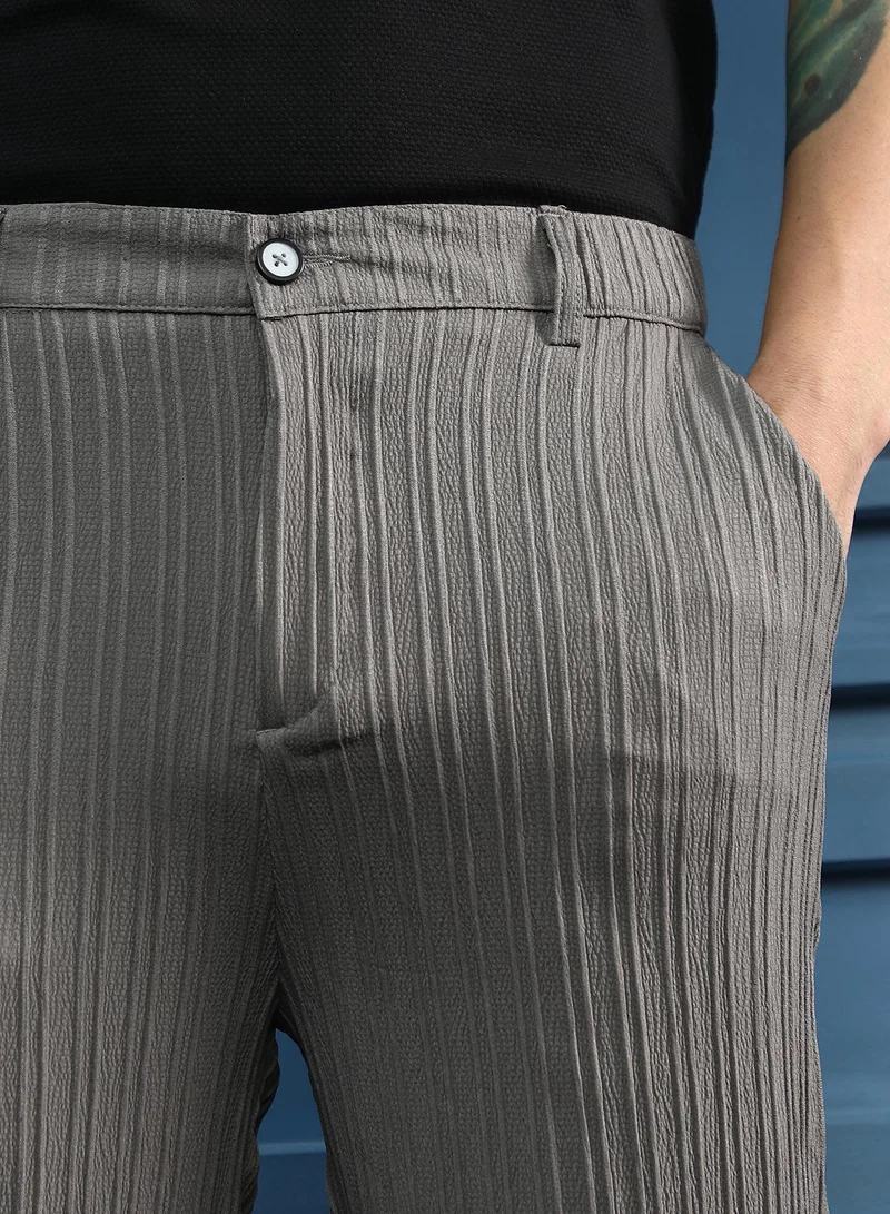 CAHOOT  Men Pin-Tactile Chino Trousers | Mid-Rise, Italian-Fit | Button Closure, Straight Hem | Solid Textured | Woven Fabric For Casual & Daily Wear | Moon Grey for Men | Best Price UAE