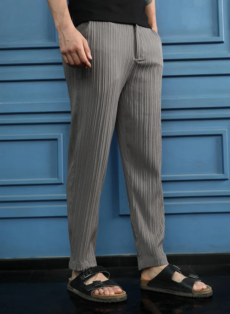 CAHOOT  Men Pin-Tactile Chino Trousers | Mid-Rise, Italian-Fit | Button Closure, Straight Hem | Solid Textured | Woven Fabric For Casual & Daily Wear | Moon Grey for Men | Best Price UAE