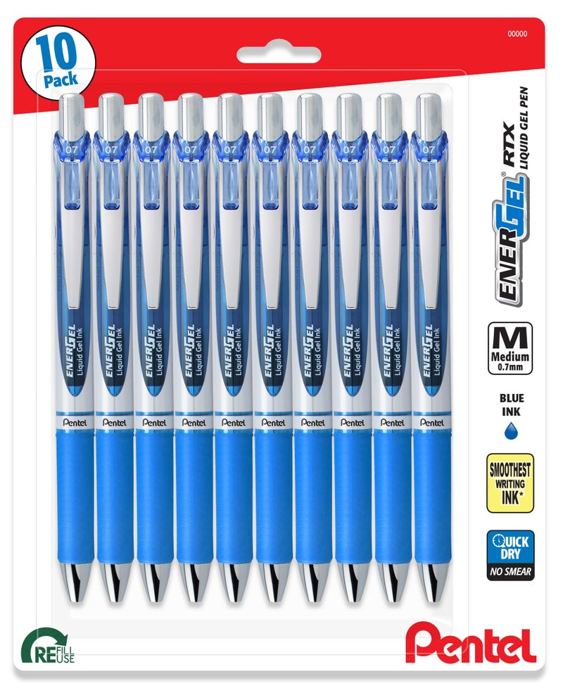 Pentel Energel 0.7Mm Rtx Liquid Gel Ink Pens - Pack Of 10 Blue Pens - Metal Tip - Medium Point - Image 1