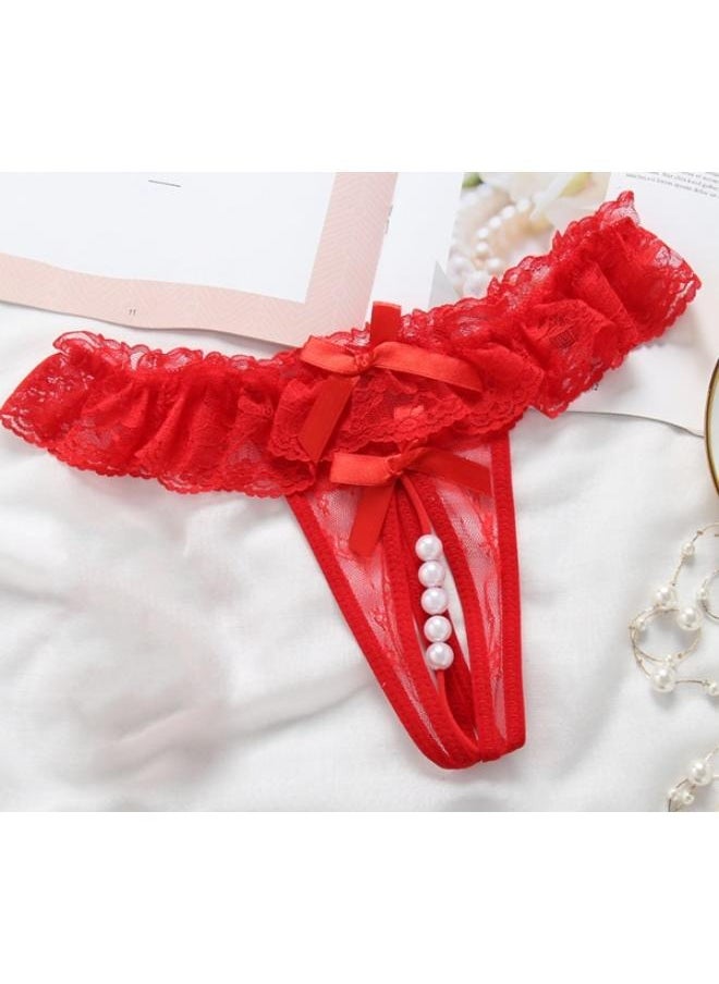 Women's Lace Thong Lingerie Open Crotch Pearls G-Strings Underwear 