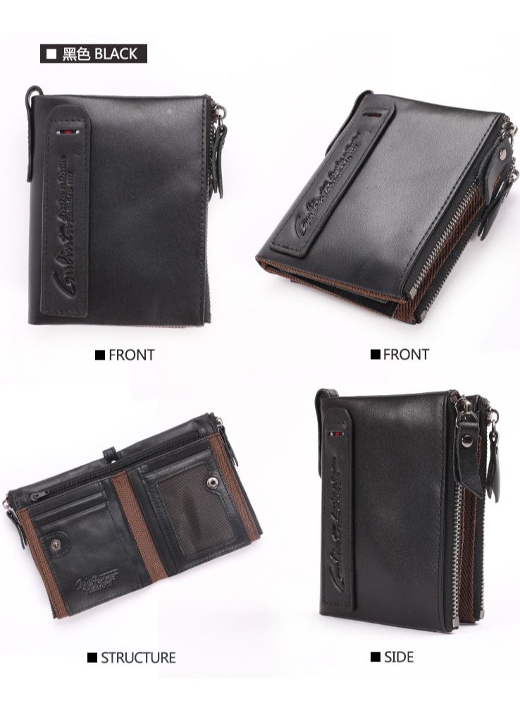 GUBINTO - Retro leather enterprise RFID men's coin purse crazy horse cowhide double zipper wallet black - Image 1