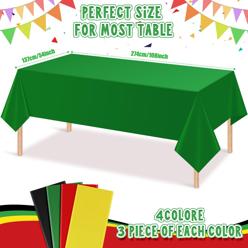 MASHAN 12Pcs Red Green Yellow Black Plastic Tablecloths, Disposable Rectangle Table Covers for Kwanzaa Black History Month Juneteenth African American Festival Holiday Party Decorations,108 * 54inch - Image 2