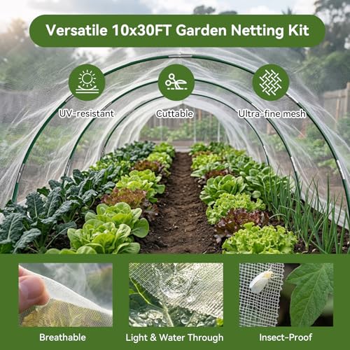Monirsen Garden Netting Kit for Raised Beds 10x30FT Ultra Fine Mesh Netting 6 Sets of 8FT Fiberglass Garden Hoops Row Cover Insect Netting for Vegetable Plant Fruit Flowers Protection - Image 3