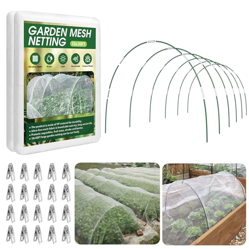 Monirsen Garden Netting Kit for Raised Beds 10x30FT Ultra Fine Mesh Netting 6 Sets of 8FT Fiberglass Garden Hoops Row Cover Insect Netting for Vegetable Plant Fruit Flowers Protection - Image 1