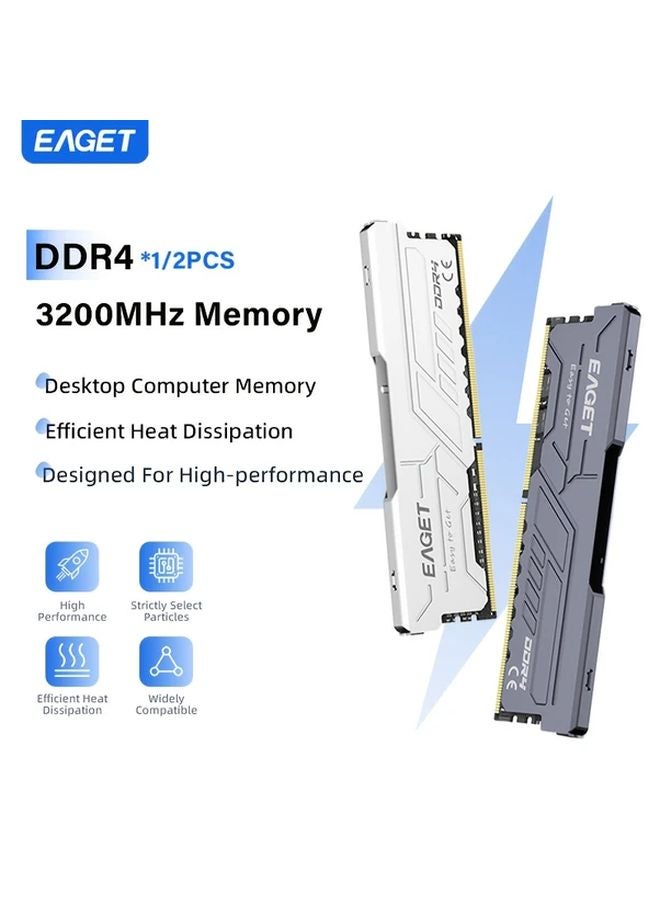 Eaget 16GB Silvery White DDR4 3200Mhz Desktop RAM with Heatsink for Gaming - Image 1
