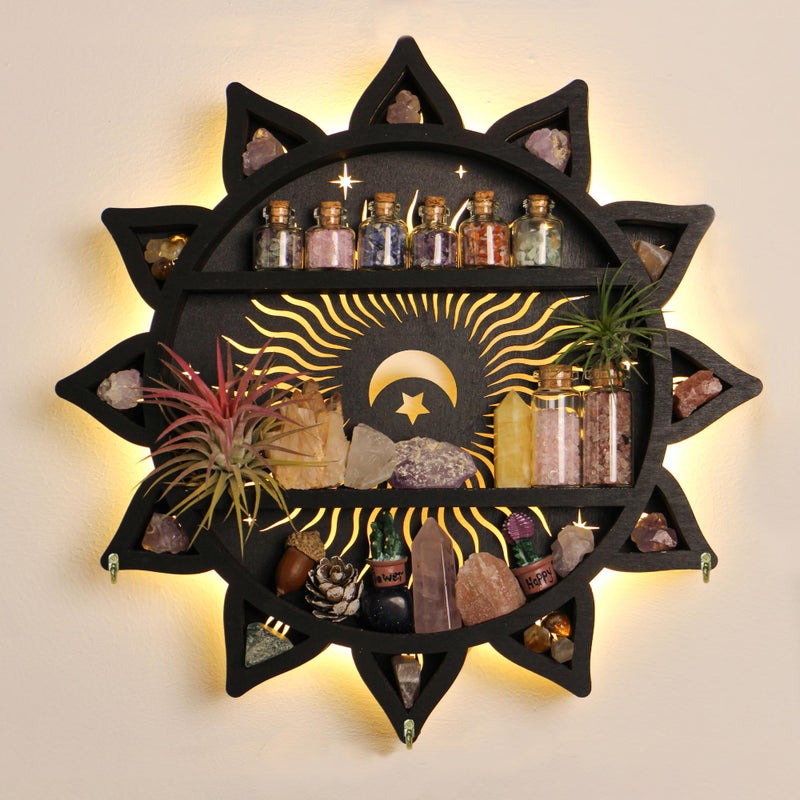 FNYDOX Chakra Lotus Flower Crystal Display Shelf with LED Light, Witchy Home Decor Boho Decorative Wall Mounted Trinket Shelf Wooden Sun Moon Shelf Rock Case Stone Storage Floating Hanging Holder - Image 1