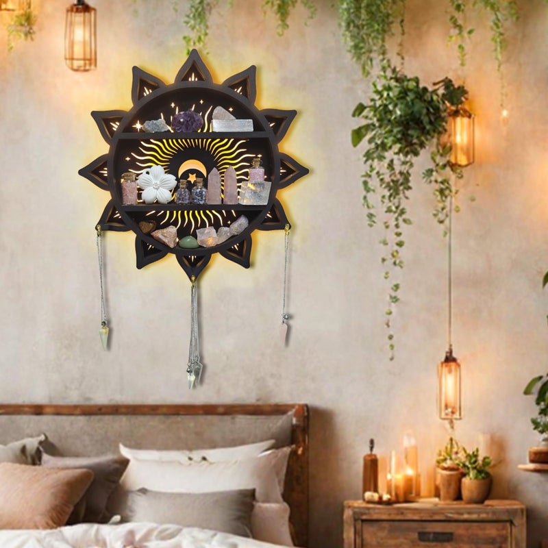 FNYDOX Chakra Lotus Flower Crystal Display Shelf with LED Light, Witchy Home Decor Boho Decorative Wall Mounted Trinket Shelf Wooden Sun Moon Shelf Rock Case Stone Storage Floating Hanging Holder - Image 4