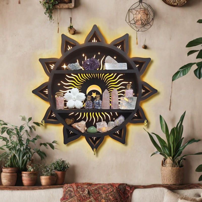 FNYDOX Chakra Lotus Flower Crystal Display Shelf with LED Light, Witchy Home Decor Boho Decorative Wall Mounted Trinket Shelf Wooden Sun Moon Shelf Rock Case Stone Storage Floating Hanging Holder - Image 3