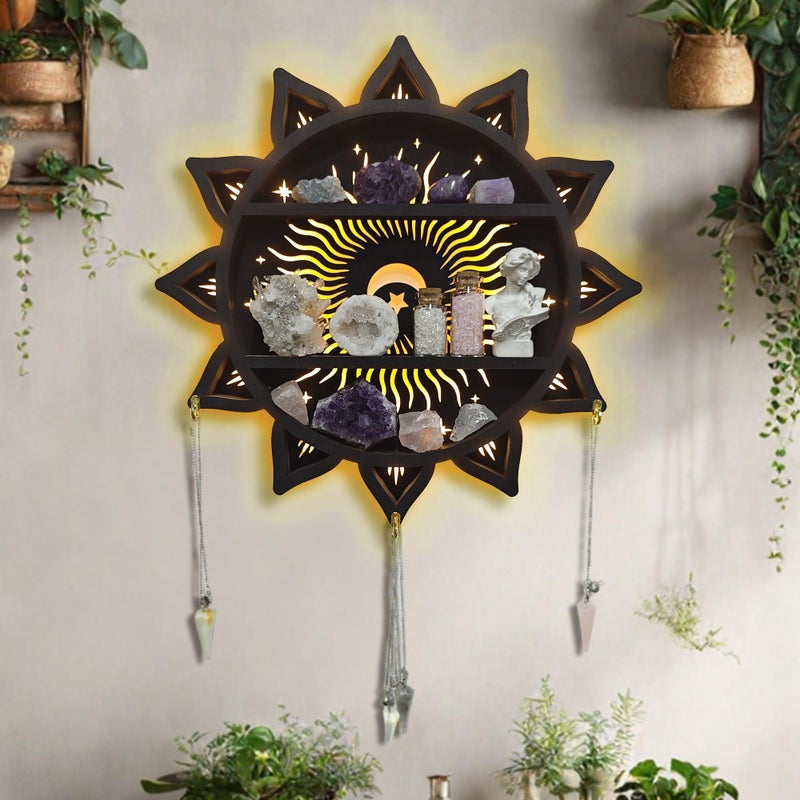 FNYDOX Chakra Lotus Flower Crystal Display Shelf with LED Light, Witchy Home Decor Boho Decorative Wall Mounted Trinket Shelf Wooden Sun Moon Shelf Rock Case Stone Storage Floating Hanging Holder - Image 5