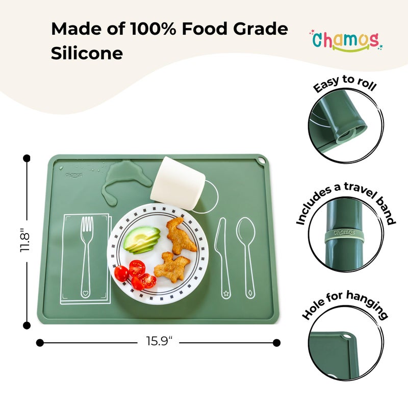 CHAMOS Montessori Placemat for Toddlers - Kids Silicone Mats for Dining Table - Set of 2 - Table Setting Learning (Sage and Beige) - Image 2