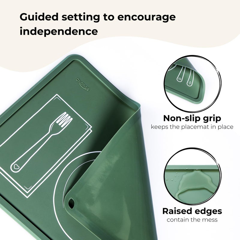 CHAMOS Montessori Placemat for Toddlers - Kids Silicone Mats for Dining Table - Set of 2 - Table Setting Learning (Sage and Beige) - Image 3