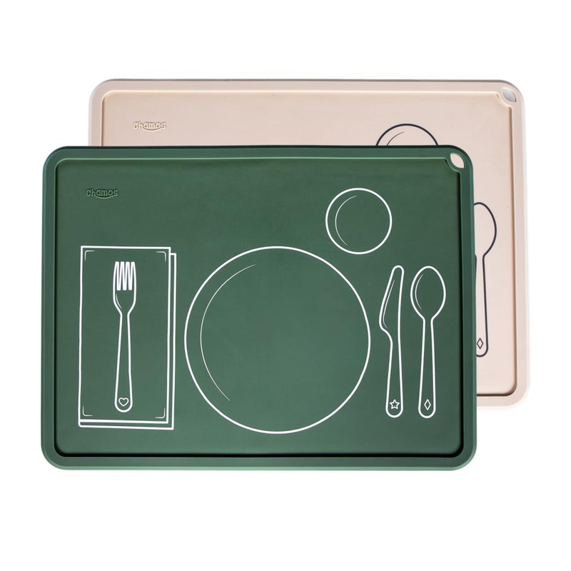 CHAMOS Montessori Placemat for Toddlers - Kids Silicone Mats for Dining Table - Set of 2 - Table Setting Learning (Sage and Beige) - Image 1