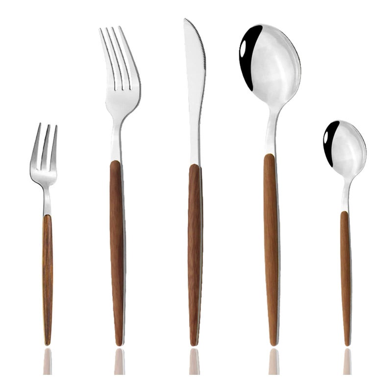JASHII 30pcs Flatware Cutlery Set Service for 6 Stainless Steel Silverware Set with Imitated Wooden Handle Tableware Sets Including Forks Spoons Knives  Shiny Silver
