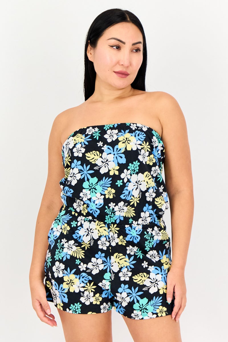 FOREVER 21 Women Straight Across Neck Strapless Floral Print Playsuit, Multicolor - Image 1