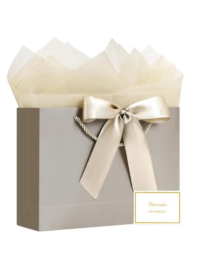 2PCS Champagne Color Large Gift Bags, Paper Bags with Ribbon, Greeting Cards and Tissue Paper, Portable Party Bags with Handles, Birthday Gift Bags, Present Bags for Wedding Party, Party Supplies Bags size :32cm*25cm*11cm - Image 1