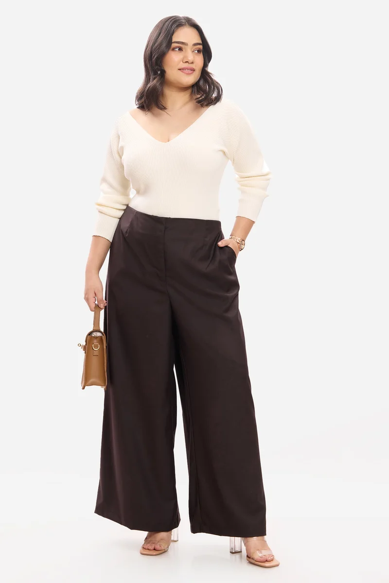Virgio Solid Cotton Flared Plus Size Trousers for Women
