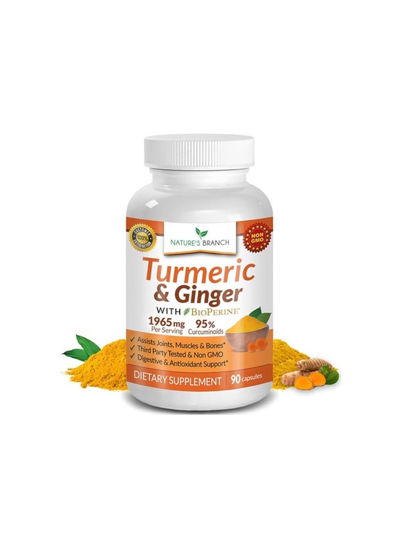 Nature's Branch Turmeric and Ginger Supplement | Organic Powder & BioPerine 1965mg | Joint Support with Black Pepper Extract and Curcumin | Made in USA, Vegan, Non GMO Pills | Extra Strength 90 Capsules