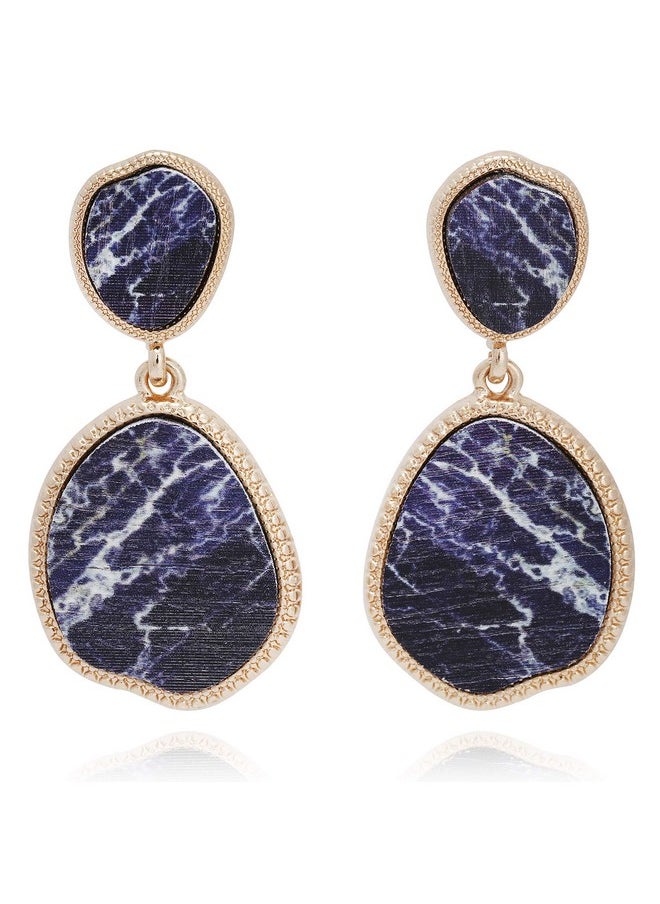 BONALUNA Bohemian Wood And Marble Effect Oval Shaped Drop Statement Earrings (Navy)  - Image 1