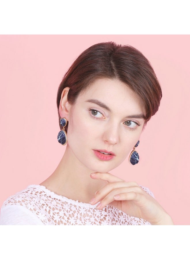 BONALUNA Bohemian Wood And Marble Effect Oval Shaped Drop Statement Earrings (Navy)  - Image 2