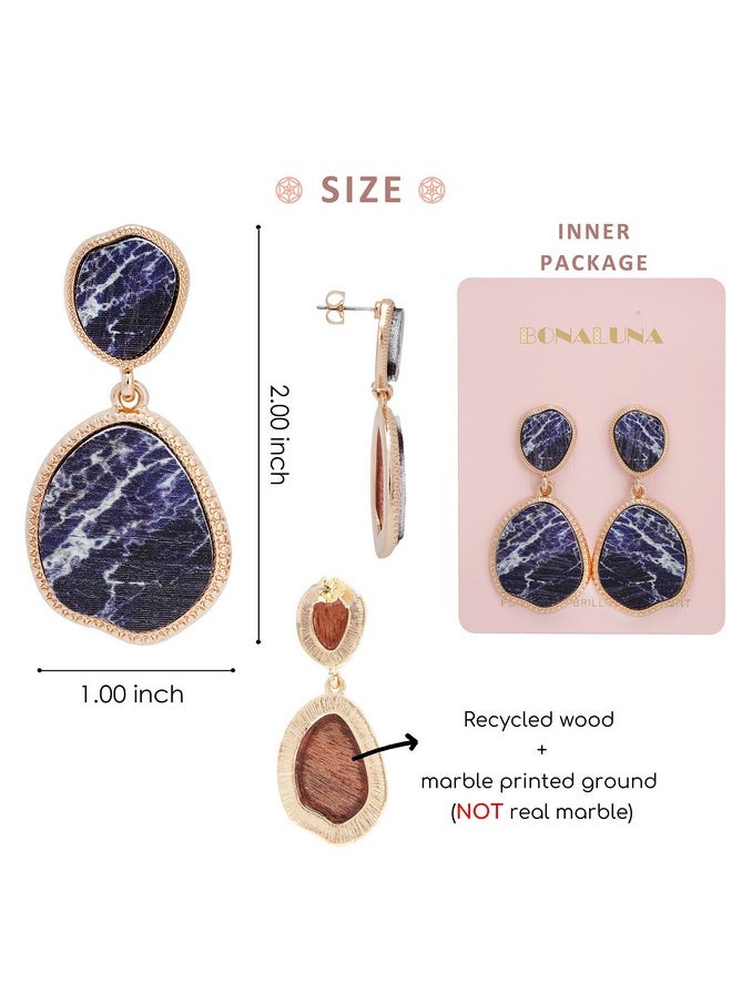 BONALUNA Bohemian Wood And Marble Effect Oval Shaped Drop Statement Earrings (Navy)  - Image 4