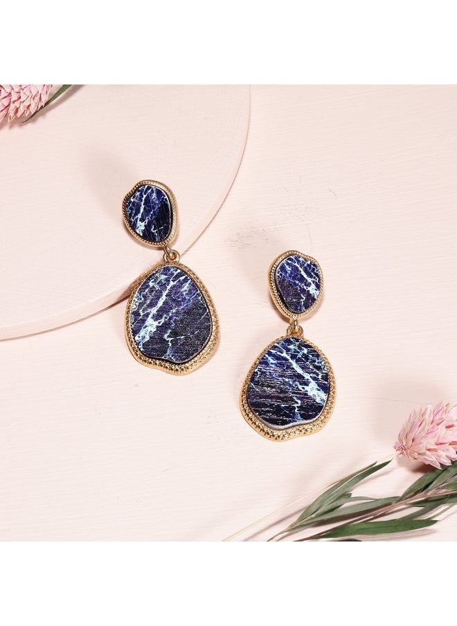 BONALUNA Bohemian Wood And Marble Effect Oval Shaped Drop Statement Earrings (Navy)  - Image 5