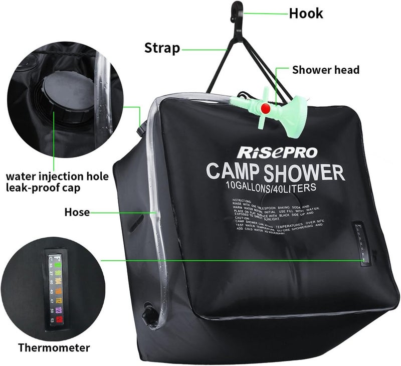 RISEPRO 10 gallons/40L Solar Shower Bag Solar Heating Camping Shower Bag with Temperature Hot Water Outdoor Hiking Climbing XH07 - Image 4