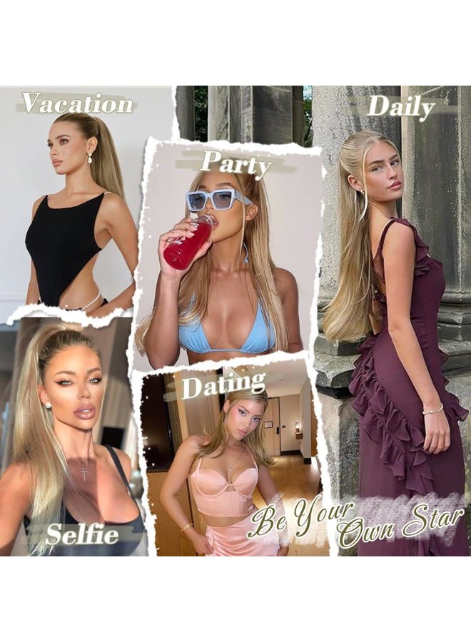 BARSDAR Light Ash Blonde Straight Ponytail Extension - 24 Inch Long Straight Wrap Around Ponytail for Women, Clip in Ponytails Hair Extensions Synthetic Blonde Pony Tails Hairpieces Daily - Image 4