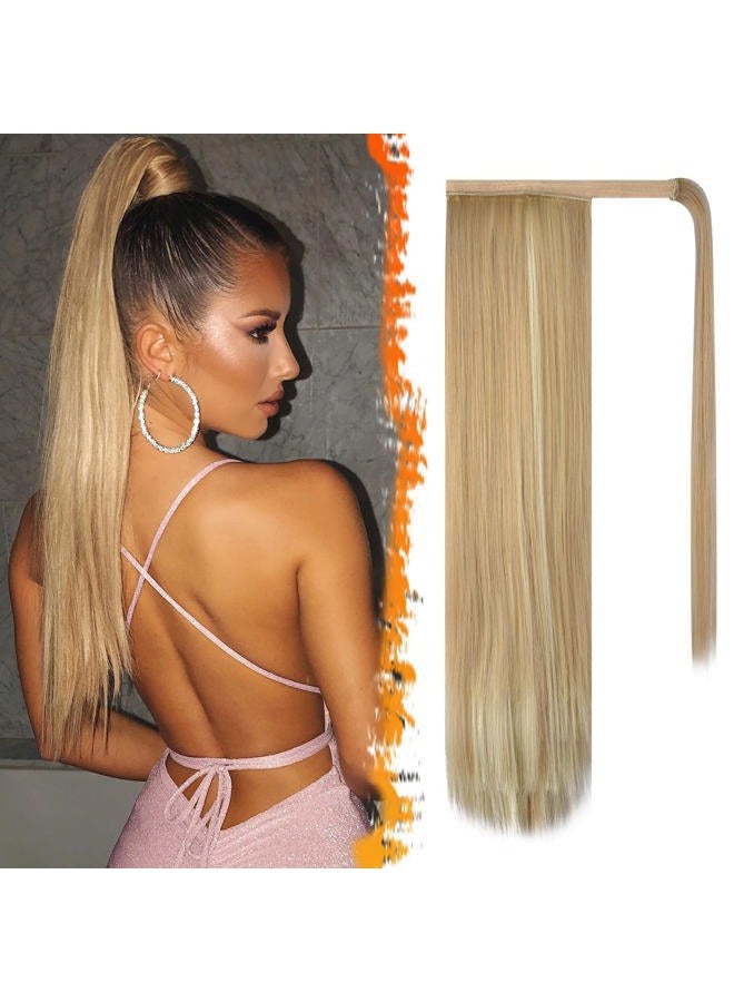 BARSDAR Light Ash Blonde Straight Ponytail Extension - 24 Inch Long Straight Wrap Around Ponytail for Women, Clip in Ponytails Hair Extensions Synthetic Blonde Pony Tails Hairpieces Daily - Image 1