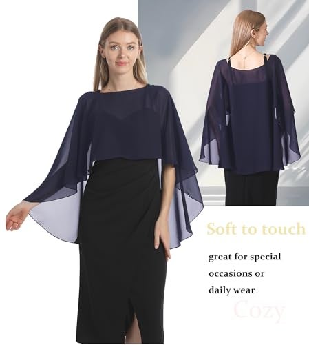Hotshawl Capelets for women Chiffon Cape Shawls and Wraps for Evening Dress Wedding Capes Cover Up (Navy) - Image 2