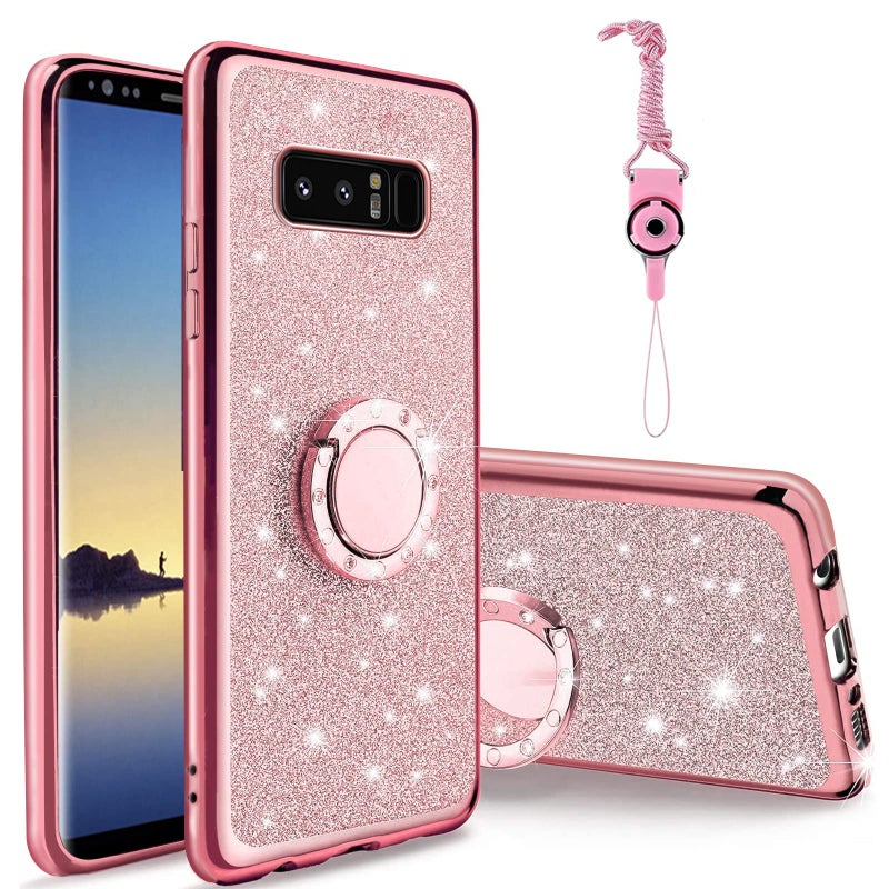 Easyscen for Galaxy Note 8 Phone Case with Ring Stand Lanyard Strap Drop Protection Shockproof 2Layer Protective Cover Cute Bling Glitter Girls Women Case for Samsung Note 8  Rose Gold