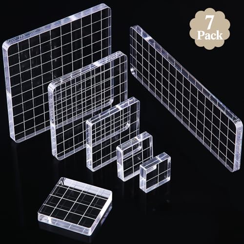 Mudder 7 Pieces Acrylic Stamp Blocks Set Clear Stamping Blocks Tools for Kids with Grid and Grip Scrapbooking Craft Making, Decorative DIY Essential Stamping Tool(Straight Edge) - Image 1