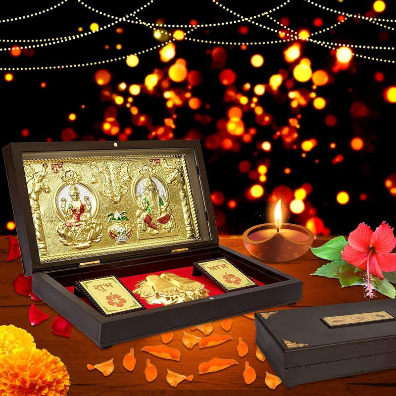 ARNAVIRA Lakshmi Ganpati with Kalash Gold Plated Photo Frame with Charan Paduka Pocket Temple for Diwali GiftHouse Warming Gifts Return Gift Puja Box Laxmi Ganpati Kalash - Image 4