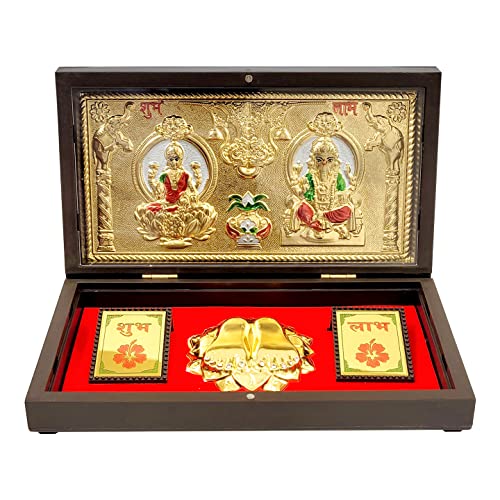 ARNAVIRA Lakshmi Ganpati with Kalash Gold Plated Photo Frame with Charan Paduka Pocket Temple for Diwali GiftHouse Warming Gifts Return Gift Puja Box Laxmi Ganpati Kalash - Image 1
