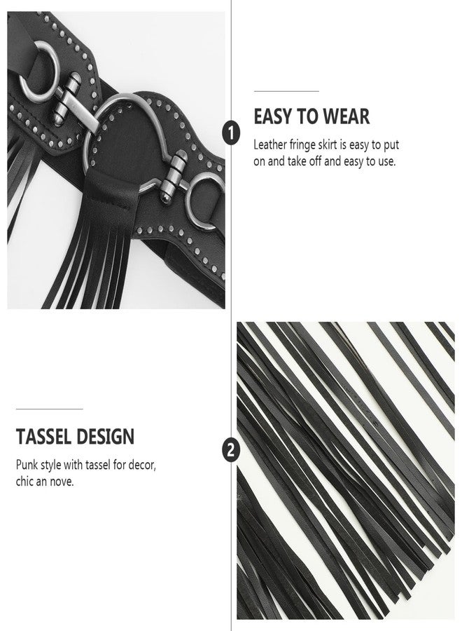 SHOWERORO Women Long Fringe Leather Waist Belt Tassel Punk Boho Faux Waistband Elastic Band and Alloy Studs Decoration for Dance Party Costume，80-98CM (Waist) - Image 4