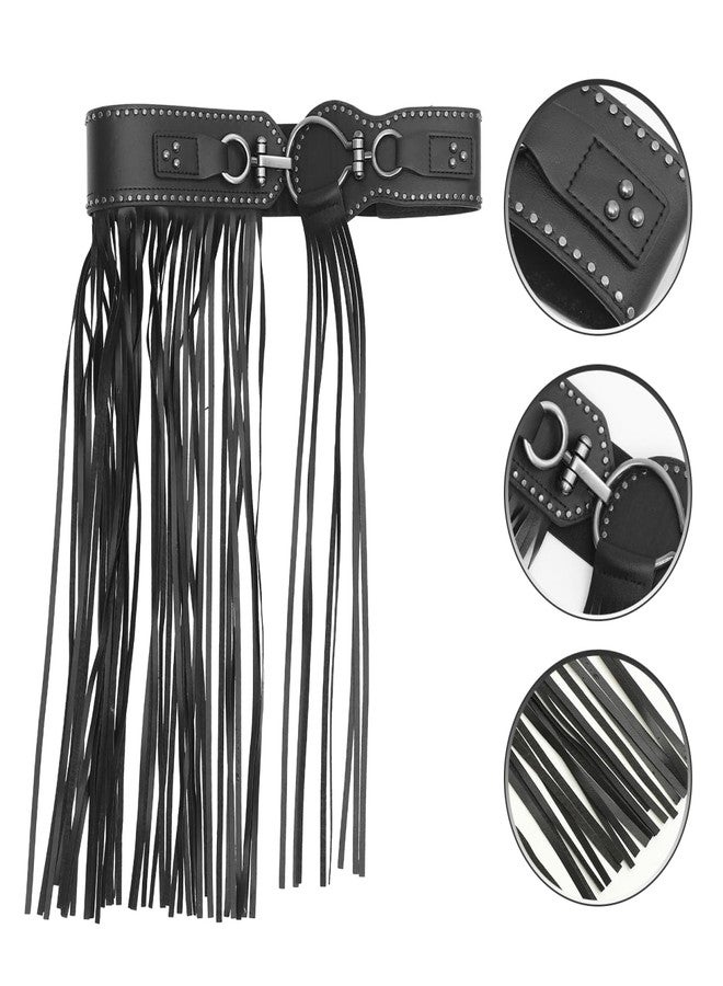 SHOWERORO Women Long Fringe Leather Waist Belt Tassel Punk Boho Faux Waistband Elastic Band and Alloy Studs Decoration for Dance Party Costume，80-98CM (Waist) - Image 3