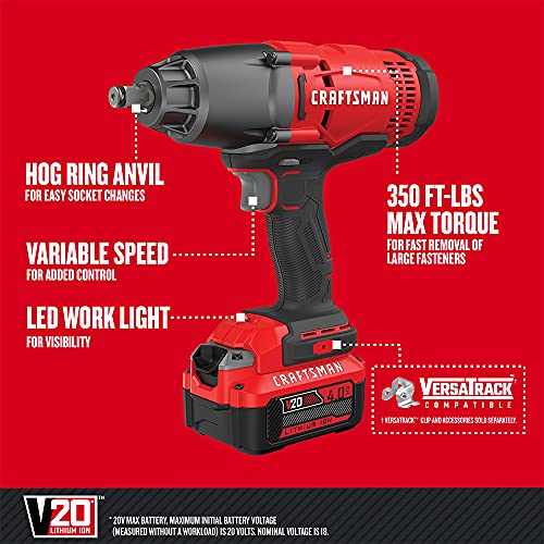 CRAFTSMAN V20 RP 1/2 inch Cordless Impact Wrench Kit, Brushless, 4Ah Battery and Charger Included (CMCF900M1) - Image 2