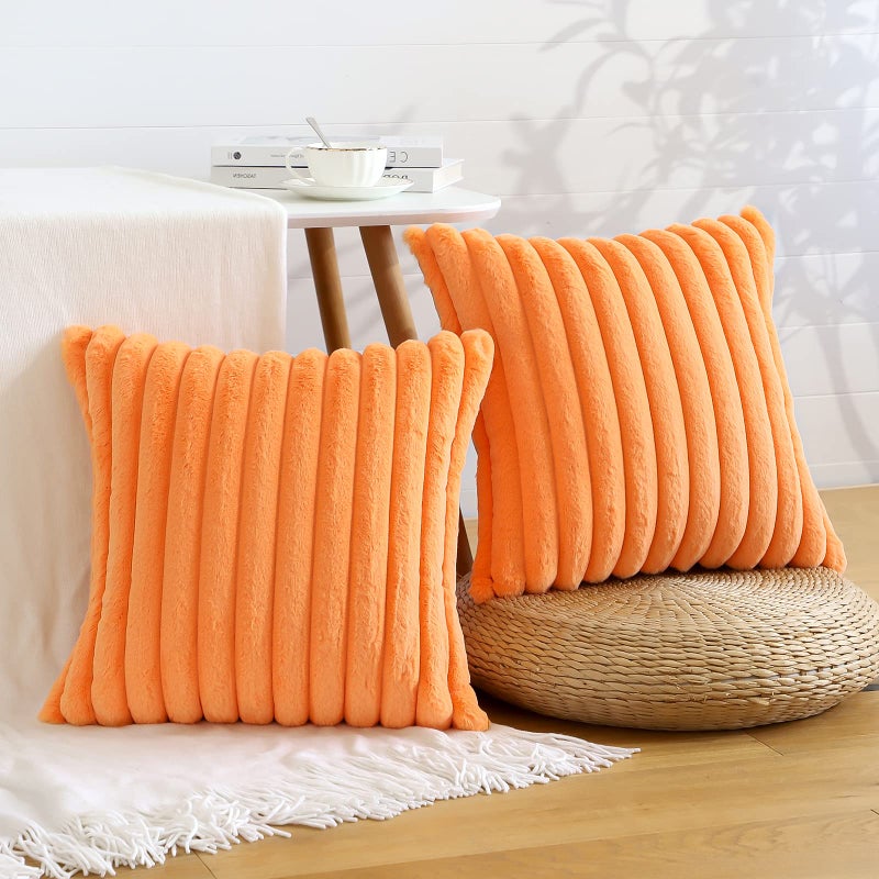Soleebee Set of 2 Throw Pillow Covers Soft Cozy Velvet Pillowcase Faux Rabbit Fur Cover for Couch Sofa Bed Chair Home Decorative Pillows Cover (16x16 Inch  Orange) - Image 1