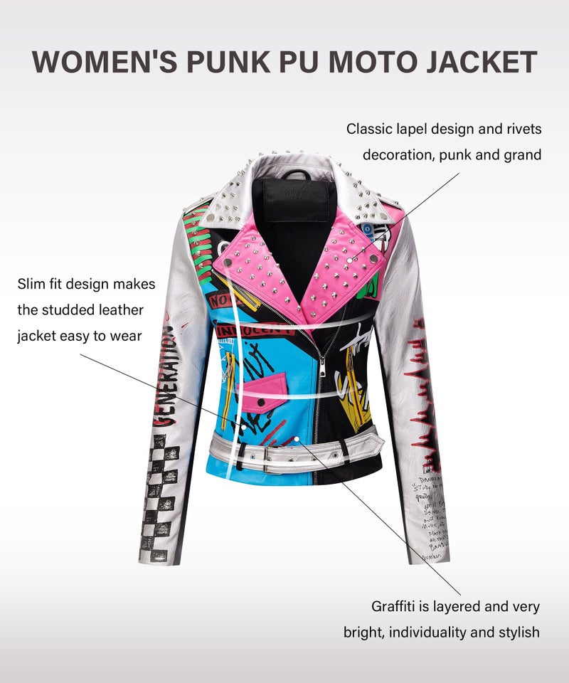 RISISSIDA Studded Leather Jacket Women Moto Motorcycle Faux Leather Short Coat Black-silver 0479 M - Image 5