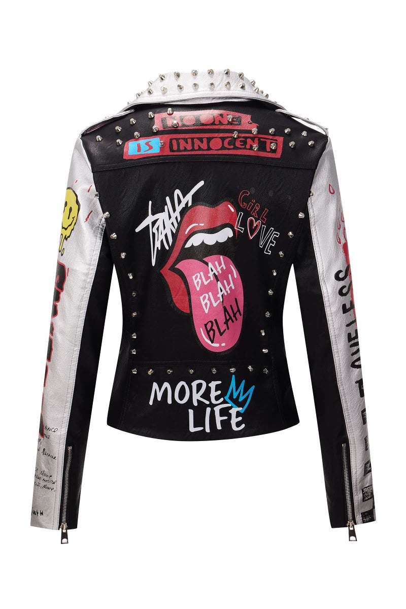 RISISSIDA Studded Leather Jacket Women Moto Motorcycle Faux Leather Short Coat Black-silver 0479 M - Image 3