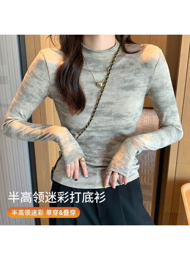 Modal Spring And Autumn Semi-High Neck Slim-Fit Fashion Camouflage Tie-Dye Design Women'S Base Layer Long Sleeve Top - Image 2