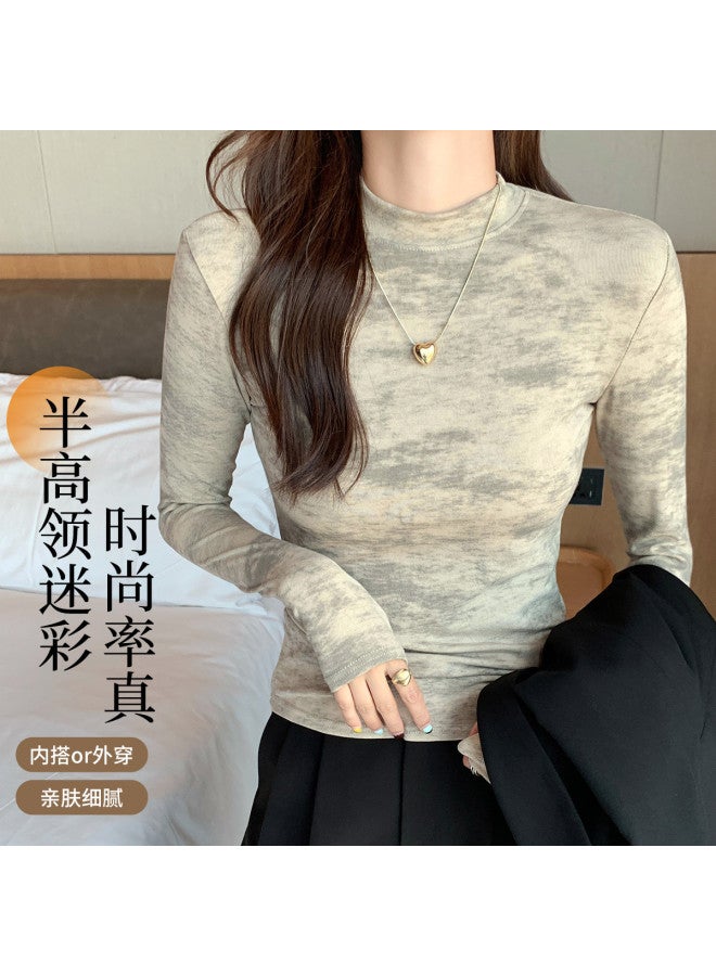 Modal Spring And Autumn Semi-High Neck Slim-Fit Fashion Camouflage Tie-Dye Design Women'S Base Layer Long Sleeve Top - Image 3