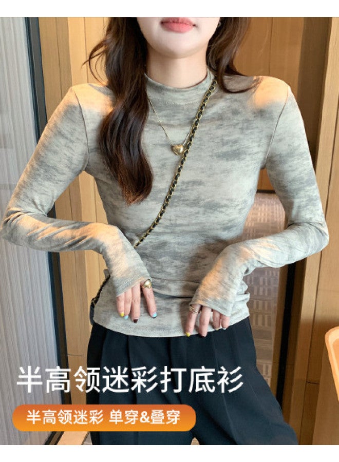 Modal Spring And Autumn Semi-High Neck Slim-Fit Fashion Camouflage Tie-Dye Design Women'S Base Layer Long Sleeve Top - Image 1