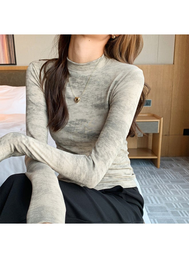 Modal Spring And Autumn Semi-High Neck Slim-Fit Fashion Camouflage Tie-Dye Design Women'S Base Layer Long Sleeve Top - Image 5