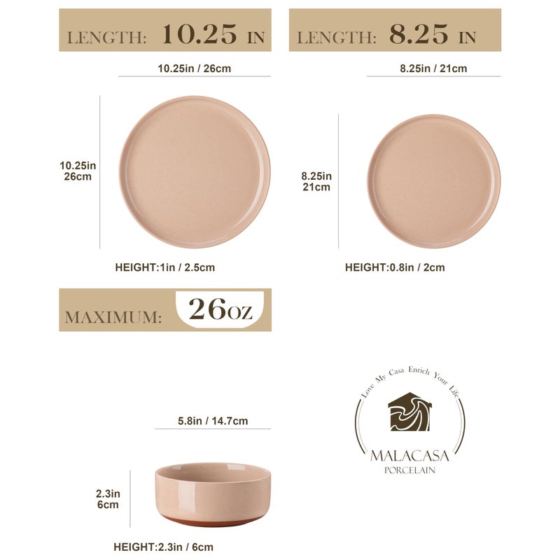 MALACASA Plates and Bowls Sets, 12 Pieces Modern Stoneware Dinnerware Set for 4 Kitchen Dinner Set Ceramic Dishware Dishes Set Microwave and Dishwasher Safe, Pink, Series TARA - Image 2