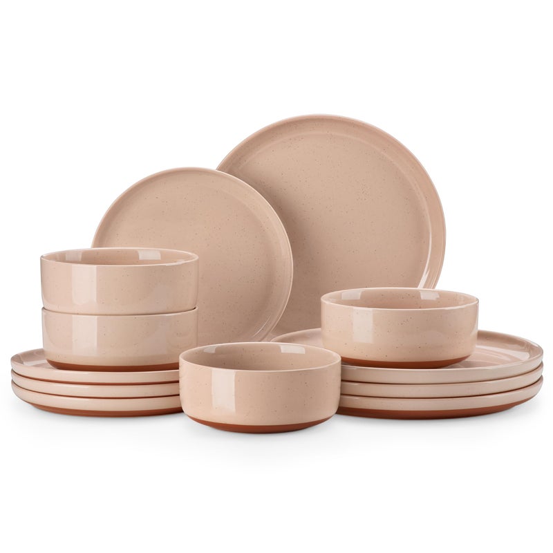 MALACASA Plates and Bowls Sets, 12 Pieces Modern Stoneware Dinnerware Set for 4 Kitchen Dinner Set Ceramic Dishware Dishes Set Microwave and Dishwasher Safe, Pink, Series TARA - Image 1