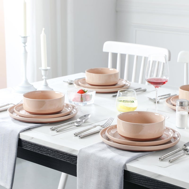 MALACASA Plates and Bowls Sets, 12 Pieces Modern Stoneware Dinnerware Set for 4 Kitchen Dinner Set Ceramic Dishware Dishes Set Microwave and Dishwasher Safe, Pink, Series TARA - Image 5
