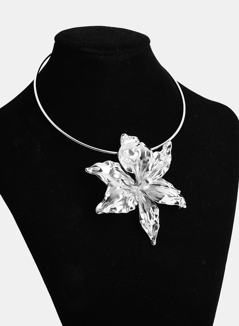 Akher el Ankoud Women'S Open Collar Necklace - Metal Flower Choker Pendant - Silver - Image 2